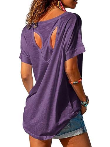 Fisoew Maglietta sportiva da donna, per fitness, a maniche corte, per yoga, leggera, palestra, sport, Lilla, M