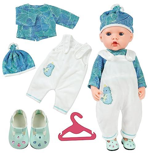 Aolso Vestiti per Bambole per New Born Baby Doll, Abito per Bambolotti 35-45CM, Tuta da Bambola Stampa con Cappello, con 1 paio di Scarpe e 1 Gruccia, Bianco e Verde (Bambola non Inclusa)