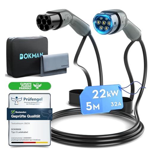 bokman Cavo Ricarica Auto Elettrica Tipo 2, 22 KW / 5 Metri / 32A / 3 Fase/modalità 3, Cavo Tipo 2 con Borsa per Il Trasporto Applicabile a 500e/Model Y/3/Primavera/ID.3/ID.4/e-208