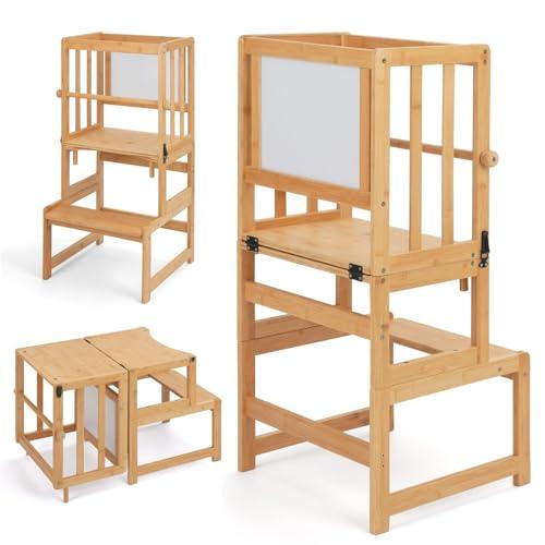 COSYLAND Torre Montessoriana Bambini 3 in 1 con Lavagna Bianca – torretta montessoriana convertibile in Tavolino per Disegno e Attività (Naturale Classico)