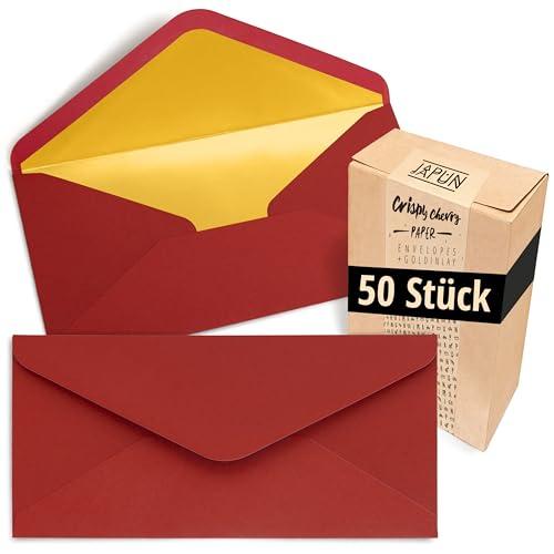 Japun - buste (50 pezzi), busta senza finestra - DIN lungo - 220 x 110 mm - interno: oro - colore carta: rosso