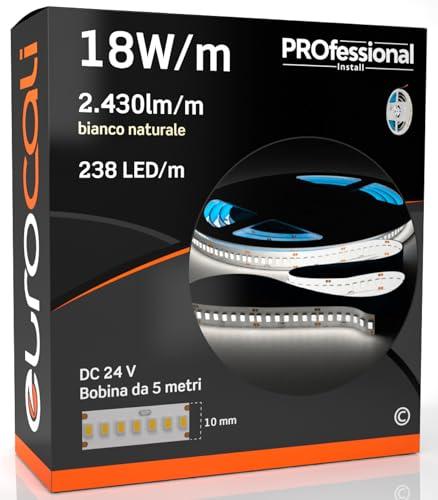 Eurocali Striscia LED 5 metri Professionale 24V 90W 18 W/mt - Striscia Monocolore da 1190 LED 238 LED/mt e 12150 Lumen 2430 Lm/mt 135 lm/W - Bianco Naturale 4000K