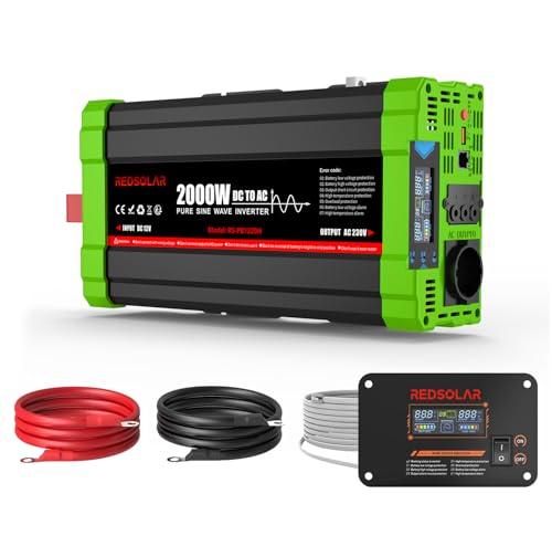 REDSOLAR Inverter 2000W 12V 220V/230V Onda Sinusoidale Pura con Display LCD, Porta USB, Presa EU e Pannello Remoto con Cavo da 7 metri, Picco 4000W – Ideale per Auto, Camper e Grandi Elettrodomestici