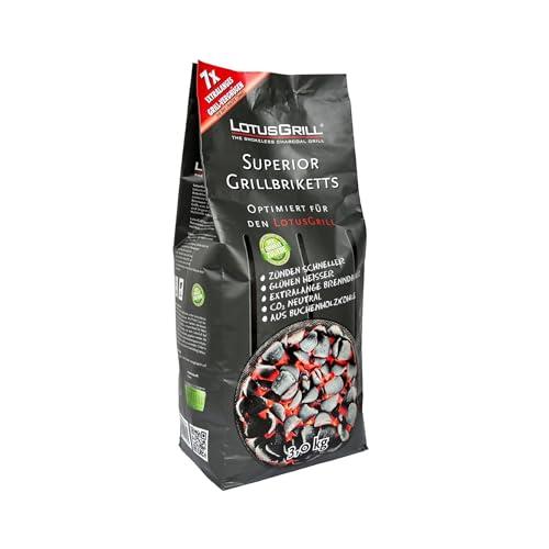 LotusGrill Mattonelle per barbecue Superior in legno di faggio, confezione da 3 kg, CO2 neutre, si accende rapidamente, lunga durata, in carbone di faggio (fino a 3 ore di divertimento)
