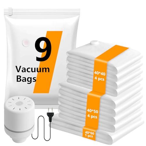 Sacchi Sottovuoto Vestiti con Pompa Elettrica, 9 Pezzi di Buste Sottovuoto Vestiti Riutilizzabili (4 * 40x40cm / 4 * 40x50cm / 1 * 40x60cm), Sacchetti Sottovuoto Piumoni per Maglioni, Camicia, Viaggi