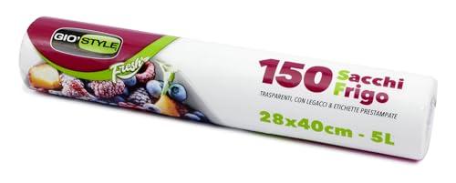 GIO'STYLE 150 sacchetti freezer in rotolo Fresh | 28x40 cm / 5 lt | Ultra resistenza | Etichetta prestampata su ogni sacchetto