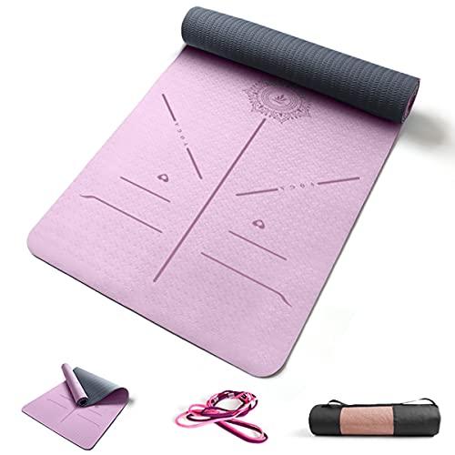 FP-TECH TAPPETINO DA YOGA IMBOTTITO ANTISCIVOLO FITNESS PILATES GINNASTICA IN TPE MAT CON SACCA 183 X 68 X 0.8 CM (Fucsia-Grigio)
