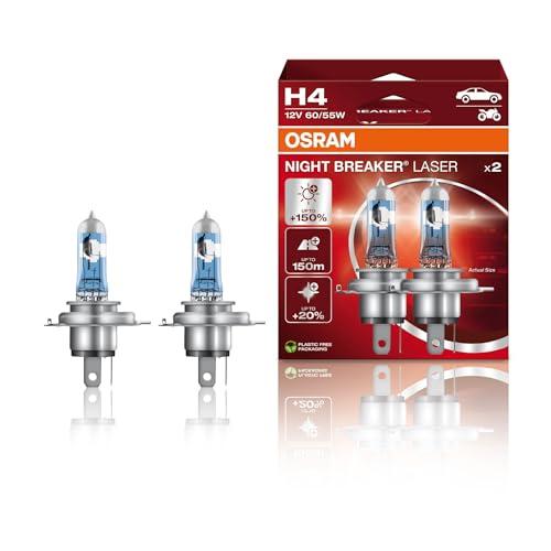 OSRAM NIGHT BREAKER LASER H4, +150% di luce in , lampada alogena per fari, 64193NL-HCB, 12V, scatola doppia (2 lampade)