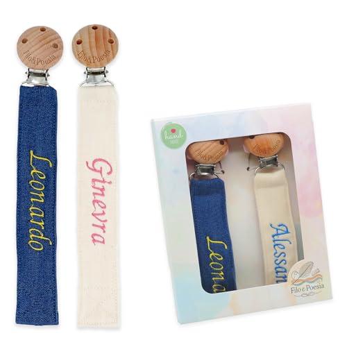 Filo e Poesia Catenella Portaciuccio Con Nome, Personalizzato con nome ricamato, tanti modelli e colori Portaciuccio da poter scegliere, ottima idea regalo per Baby Shower (Blu-Beige)