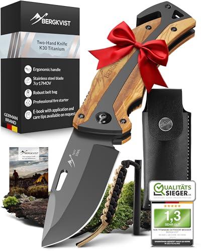 BERGKVIST® K30 Titanium coltello pieghevole (coltellino tascabile a due mani) - affilato coltello da sopravvivenza 3 in 1 per caccia, trekking o campeggio - con manico in legno d'ulivo