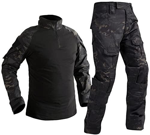 Uugood Camicia Militare Uomo Pantaloni Multicam Camicia da Combattimento Tattica e Set di Pantaloni Camouflage BDU Uniforme Airsoft Set Paintball Vestiario, notte oscura, M