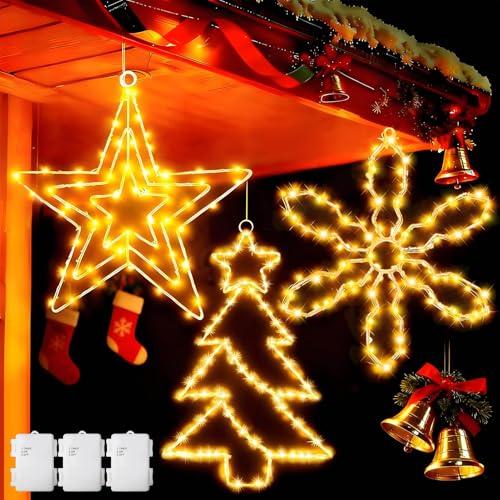 Dekofun Luci Natale Esterno 3 Pezzi Stella/Fiocco/Albero di Natale da Appendere, Grande Metallo Decorazioni Natalizie Finestra a Batterie con Timer, Addobbi Natalizi per Interno Finestra Balcone Muro