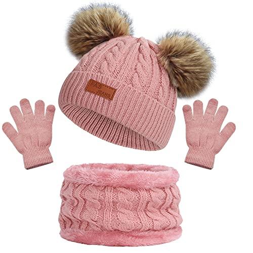Cappello a Maglia Bambini Invernale Sciarpa Guanti Berretto in Maglia con PomPom Ragazzi Berretto Sciarpa Beanie Cappello Scaldacollo per Ragazzo e Ragazza（3-8 anni） (Rosa)