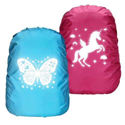 Ycaaeo 2 Pezzi Copri Zaino per Pioggia 35L, Parapioggia per Zaino Reflective, Coprizaino Antipioggia, Riflettente Parapioggia - Unicorno - Sirena - Farfalla (Rosso Rosa + Blu B)