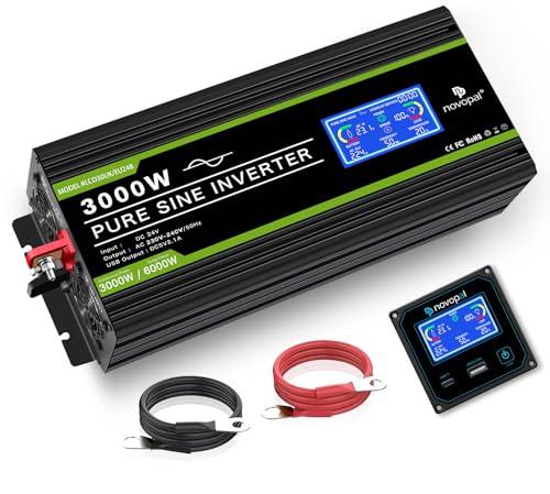 NOVOPAL 3000W Onda Sinusoidale Pura Power Inverter DC 24V in AC 220V con Display LCD Intelligente,2 EU Presa una porta USB and 5m di Telecomandoper per Camion Camping Macchina da Caffè