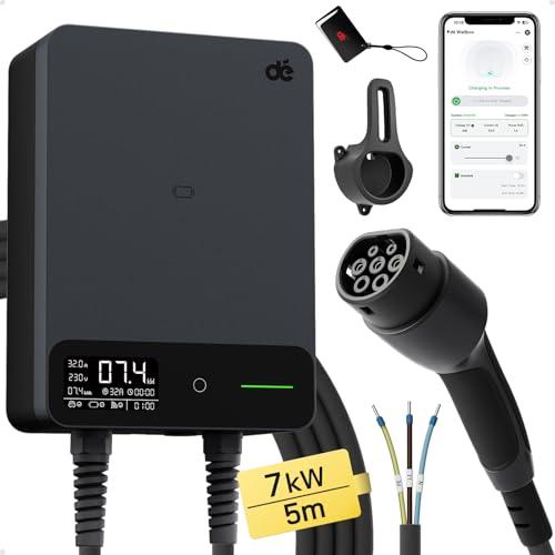 dé Wallbox 7,4kW Tipo 2 [5m, 6-32A, Monofase] Colonnina Ricarica Auto Elettrica con App e RFID e Supporto, EV Stazione di Ricaric con RCD Tipo B e Protezione IP54, per BEV/PHEV, Nero