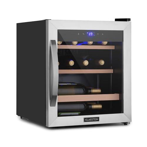 KLARSTEIN Cantinetta Vino, Cantinetta Vino Refrigerata a Zona Singola per Interno/Esterni, Frigo Bar, Cantina Vino con Vetrina, Mini Bar con Protezione UV, Frigo Vino Touch, 4-18°C, 12 Bottiglie