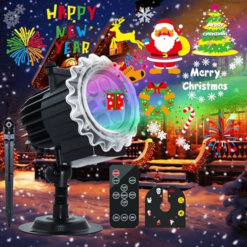 Proiettore Natale Esterno ad Alta Luminosità All'aperto, 96 Pattern 10 Festival Tema Impermeabile Proiettore Luci con Telecomando Luci Natalizie da Esterno Fiocchi di Neve,Decorazioni Natalizie