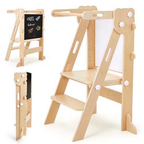 labebe Torre di apprendimento pieghevole per bambini, Montessori Torre con tavola su due lati, 3 in 1 Multifunzionale regolabile in altezza e larghezza Torre di apprendimento da 1 anno (Legno)