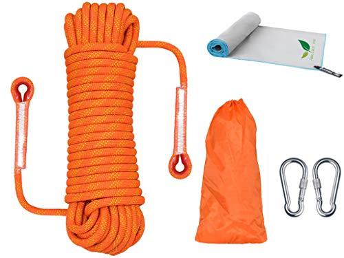 Nylon Corda Multiuso Per Esterni+Asciugamano Ad Asciugatura Rapida, L20M D10MM,Con2moschettoni,Capacità Di Carico1200 Kg, Salvataggio, Arrampicata,Alpinismo,Speleologia,Su Roccia,Campeggio(Arancia)