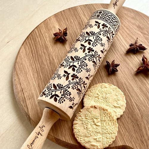 FLORAL VINE Mattarello Legno Goffrato | Mattarello Inciso | Rullo per Biscotti e per Modellare | Mattarello Decorativo per Biscotti di Algis Crafts