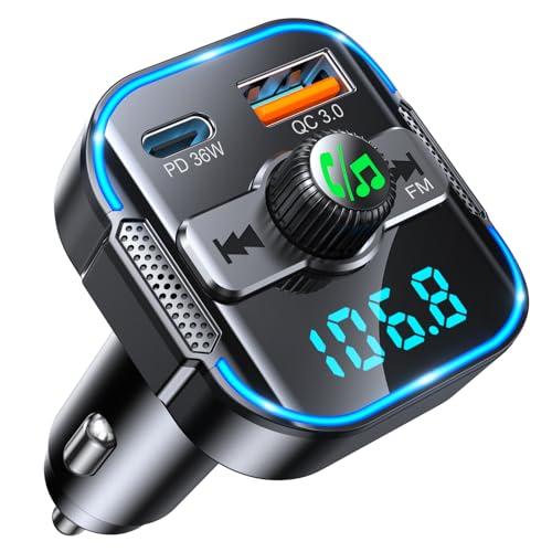 Glangeh Trasmettitore FM Bluetooth 5.3 per Auto [Ricarica Rapida PD 36W+QC3.0 18W], 2024 Upgrated Adattatore Bluetooth Auto Audio Radio con Doppi Microfoni, Car Kit Chiamata Vivavoce, Supporta Siri
