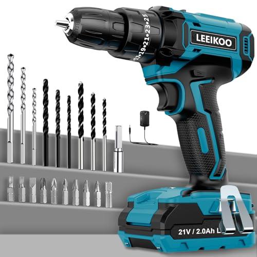 LEEIKOO Trapano Avvitatore Batteria 21V, Avvitatore a Batteria con Batterie 2.0Ah, 42N.m Avvitatore Elettrico,25+3 Coppie, 2 Velocità, LED Luce, 20 Pezzi Accessori per Casa Progetto, Fai da te