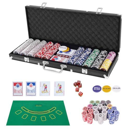 HOMASIS Set da Poker con 500 Fiches, Valigetta da Poker con 2 Mazzi di Carte, 5 Dadi, 3 Bottone del Mazziere e Tappetino da Poker, Fiches da Gioco per Feste, Texas (Nero)