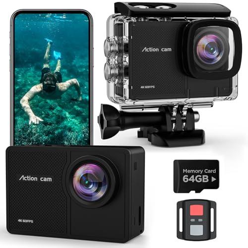 TIMNUT 4K 60FPS Action Cam, 40M Fotocamera Subacquea con scheda SD da 64 GB, 48MP HD WIFI Videocamera con Telecomando,EIS Telecamera Sott'acqua,Mic Esterno,2x1350mAh Batterie e Accessori di Montagg