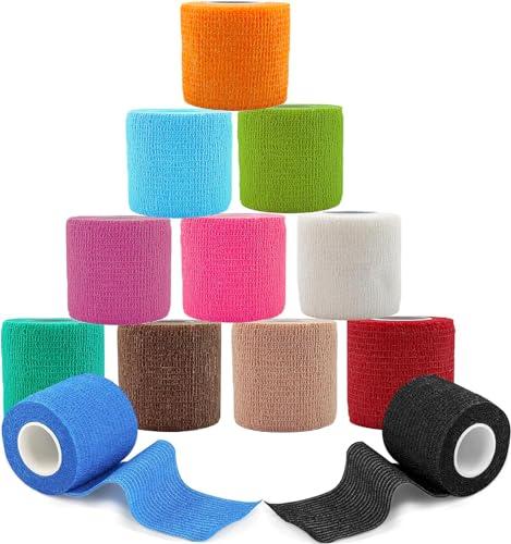 ANAMPION 12 Rotoli Benda Elastica Coesiva 5cmx4.5m Garza Autoadesiva Bende Nastro Crossfit Bendaggio Sportivo Non Tessuto Autoadesivo Benda Salvapelle Fasciature Per Pet Vet Wrap,Mani,Piedi,Ginocchia