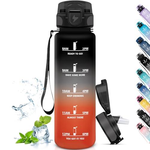Grsta Borraccia 1 Litro, Borraccia Palestra Senza Perdite, Motivazionale con Scala Temporale, Bottiglia con Cannuccia, Facile da Pulire, Borraccia per Sport, Fitness, Ciclismo, Nero-Rosso