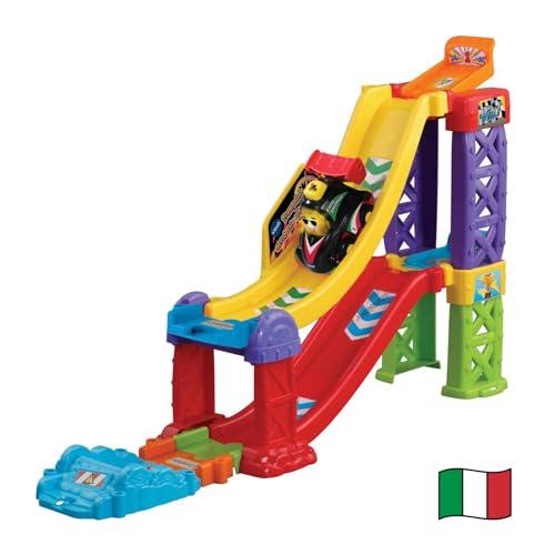 VTech Vroom Vroom Go - Trampolino Acrobazie Estreme 3 in 1, Pista Macchinine con Trampolino, 3 Modalità di Gioco, Incluso 1 Veicolo, 2 Zone Magiche, Lingua Italiana, Batterie Incluse, 1-5 Anni