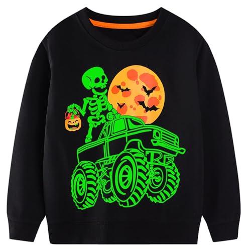 FILOWA Felpa per Bambini, Ragazzo Fosforescente Pullover Teschio Zucca Pipistrello Stampa Maglione Cotone Manica Lunga Maglietta Casual Top, Bambini e Ragazzo Senza Cappuccio Halloween Felpe 4-5 Anni