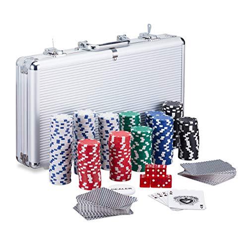 Relaxdays Poker Set, 300 Fiche, 2 Mazzi di carte, 5 Dadi, Dealer Button, Valigetta in Alluminio richiudibile, argento