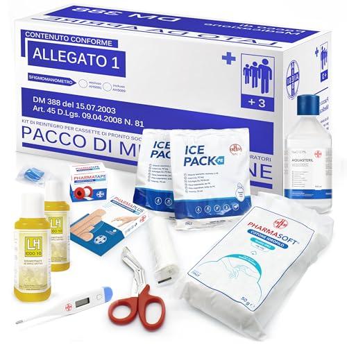 AIESI® kit di reintegro ALLEGATO 1 SENZA SFIGMOMANOMETRO pacco medicazione per cassetta armadietto di pronto soccorso aziende più 3 dipendenti, Conforme DM388/DL81, Made in Italy