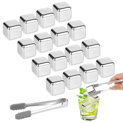 VFANDV 16 Pezzi Cubetti di Ghiaccio Riutilizzabili, Whiskey Stone Ghiaccio Cubetti Set Wisky con Pinze e Scatola, 304 Acciaio Inox Pietre di Whisky per Cocktail, Vino, Frutta, Puree di Frutta, Gelati