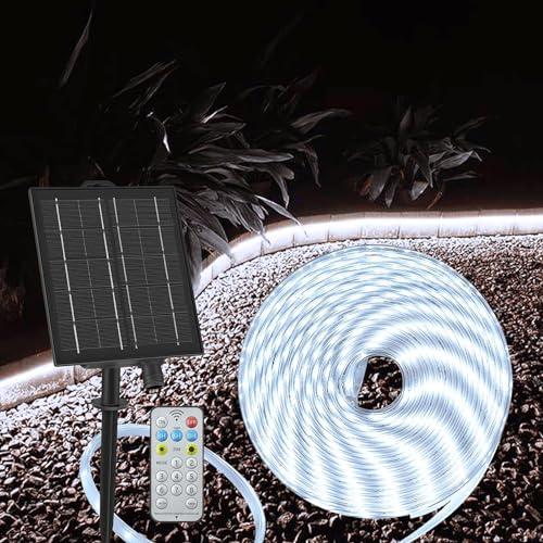 ZAIYW 10M Striscia LED Solare per Esterni, IP68 Impermeabile Solare LED Striscia con Telecomando e Timer, Autoadesiva e Tagliabile per Campeggio Piscina e Terrazza (Bianco Freddo)