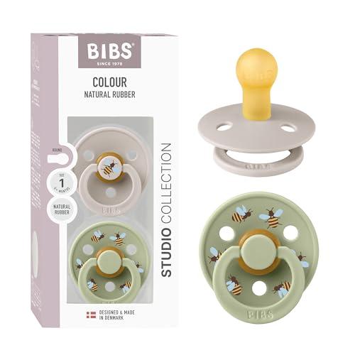 BIBS Colour Studio Ciuccio confezione da 2 pezzi. Privo di BPA, Tettarella tonda. Lattice di gomma naturale, Prodotto in Danimarca, Taglia 1 (0-6 mesi), Mushroom/Sage