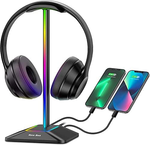 New Bee Supporto Porta Cuffie da Gioco RGB con Caricabatterie USB di Tipo C e Trasferimento Dati, Universale, Scrivania, per Tutte le Cuffie (Nero)