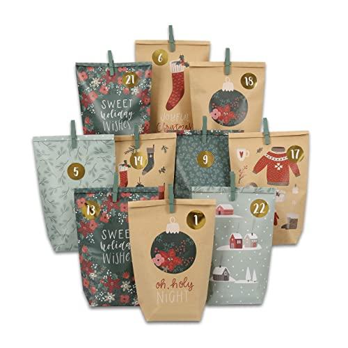 Papierdrachen Calendario dell'Avvento da riempire, 24 sacchetti regalo stampati verdi e marroni e 24 adesivi con numeri e graffette, motivo verde, per fai da te e regali, Natale