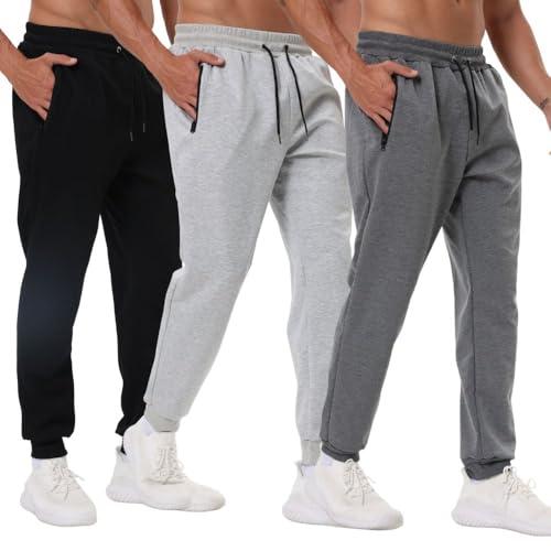 Bsrpolry Confezione da 3 pantaloni sportivi da uomo con tasche con cerniera, pantaloni da allenamento da palestra per corsa e jogging, Nero/Grigio Chiaro/Grigio Scuro, S