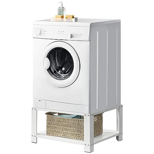Stakmann Supporto per Lavatrice e Asciugatrice con Ripiano, Base per Elettrodomestici in Acciaio Capacità 150kg, Basamento con Piedini in Gomma Antiscivolo, Rialzo con Mensola Bianco 31 x 63 x 54 cm