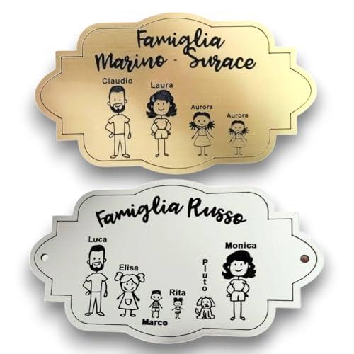 LO REALIZZO-Famiglia Targa fuoriporta personalizzata con omini e nomi - scegli i personaggi e PERSONALIZZA ORA la tua targhetta,finitura ARGENTO O ORO (Targa omini)