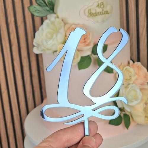 Targhetta Decorativa per Torte, Numero 18, Plexiglass Specchiato, 15 cm di Altezza, 12 cm di Larghezza (Silver Specchio)