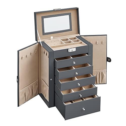 SONGMICS Scatola Portagioie a 6 livelli, Porta Gioielli con 5 Cassetti, Capiente, con Specchio Interno, Chiusura a Chiave, Cofanetto Portagioie, Idea Regalo, per Orologi, Grigio JBC152G01