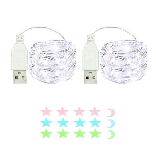 MUXIJIA 2 x luce stringa LED, 20 x LED 2M / 6.6Ft esterno/interno alimentatore USB impermeabile per camera da letto, cortile, matrimonio, Natale, fai da te, ecc. (Bianco)
