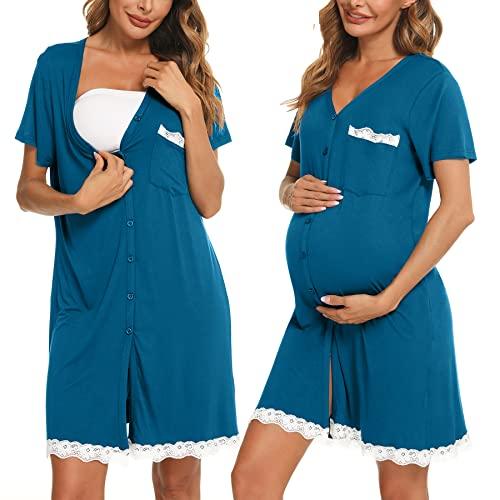 Uniexcosm Camicie da Notte Parto Cotone Camicia Notte Premaman con Scollo A V Manica Corta Aperto Anteriore Camicia da Notte Donne Gravidanza Lago Blu L