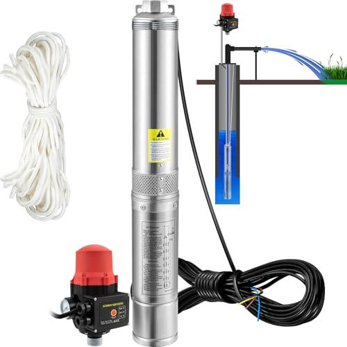 VEVOR Pompa d'Acqua Sommergibile 550W Flusso 50L/min in Acciaio Inox, per Pozzi Profondi 230V Prevalenza Max. 89m, con Interruttore di Pressione