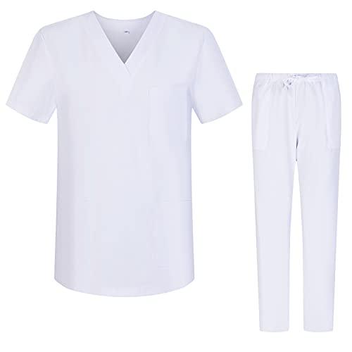 MISEMIYA - Uniformi Unisex Set Camice – Uniforme Medica con Maglia e Pantaloni Uniformi Mediche Camice Uniformi sanitarie - Ref.6801-6802 - Medium, Bianco 68