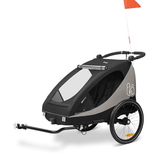 hauck Rimorchio Bici Bambini e Passeggino Dryk Duo Plus - 2 Posti (6-48 Mesi), Carrello Bicicletta Rimorchio con Timone, Ruota, Bandiera e Luce - Pieghevole, Vano XL - Nero